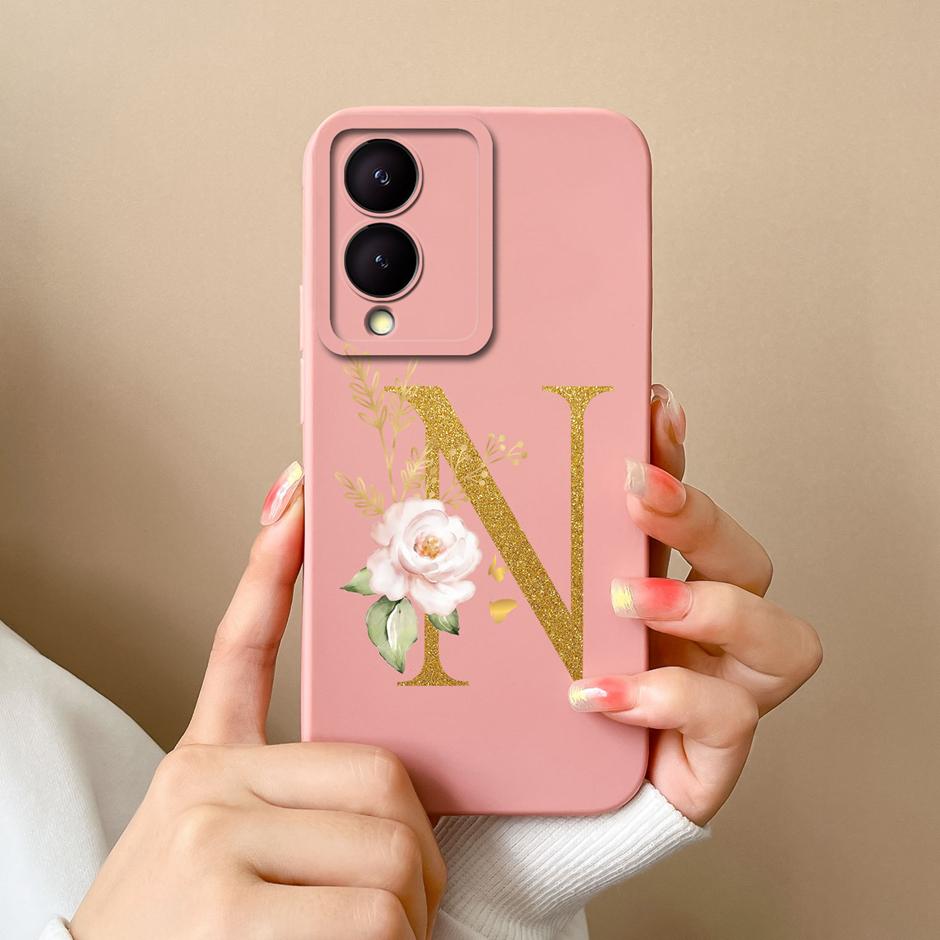 Case For VIVO Y17S 4G A To Z Cute Flower Letter Pattern Smooth Liquid Silicone Shell For VIVOY17S Y17s 4G Fashion Couple Fundas