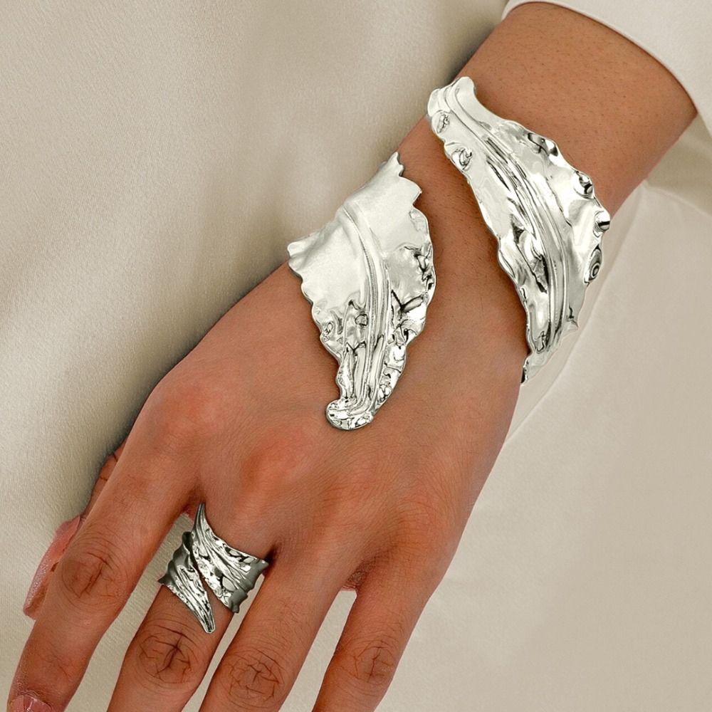 Spiral Opening Pleated Leaf Bracelet Gold Jewelry Accessories 2025 Ring Set  For Women Girls