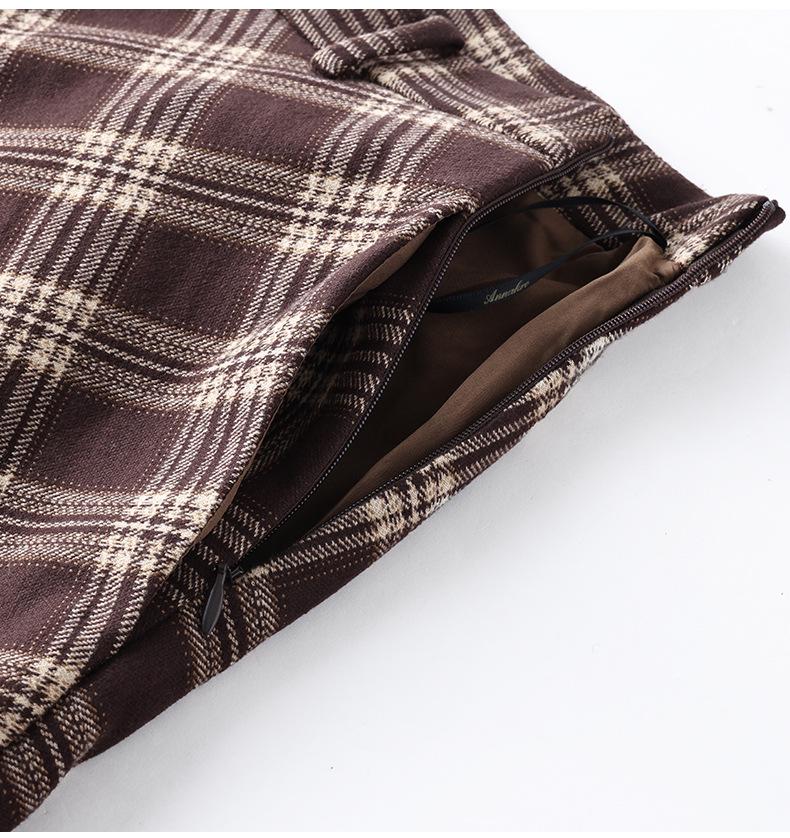 Women's Retro Brown Plaid Woolen High Waist A-Line Skirt - Elegant Slimming Mid-Length for 2025 Autumn/Winter