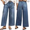 Mid-Waist Wide-Leg Plus Size Retro Washed Cropped Jeans with Frayed Hem and Slant Pockets