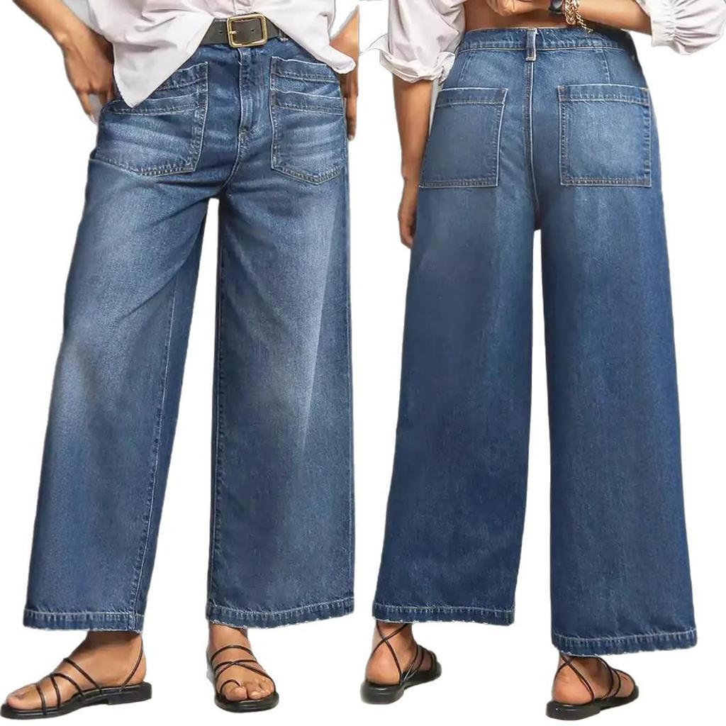 Mid-Waist Wide-Leg Plus Size Retro Washed Cropped Jeans with Frayed Hem and Slant Pockets