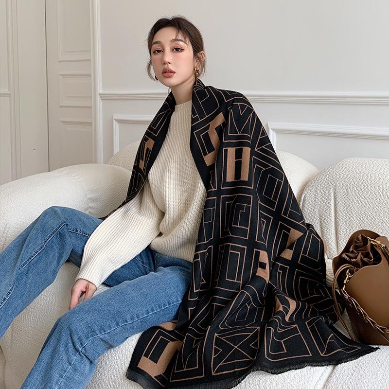 Autumn and winter scarf, new women's extended imitation cashmere air conditioner shawl, fashionable geometric short beard, cold-proof and warm scarf