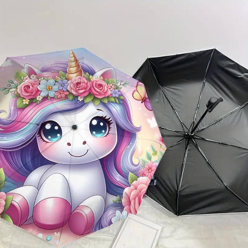 1PC Unicorn Flowers Umbrella-8-Rib Reinforced Portable Folding Travel Suitable for All Seasons Outdoor Daily Use-G384