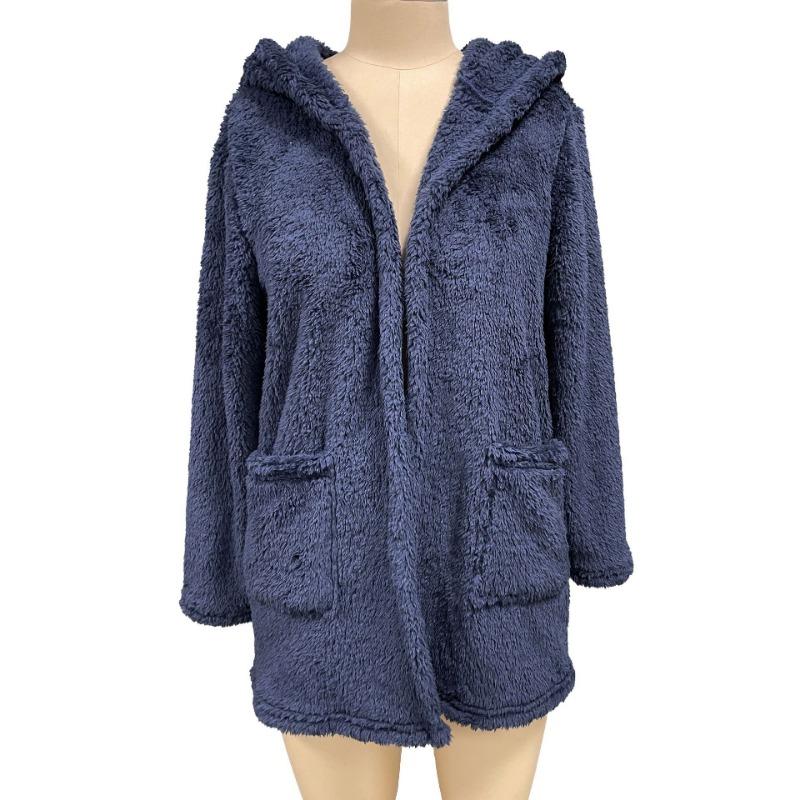 Herbst Winter Basic Jacken Damen Strickjacke Doppeltasche Kapuze Einfarbig Fleece Strickjacke Jacken & Mäntel