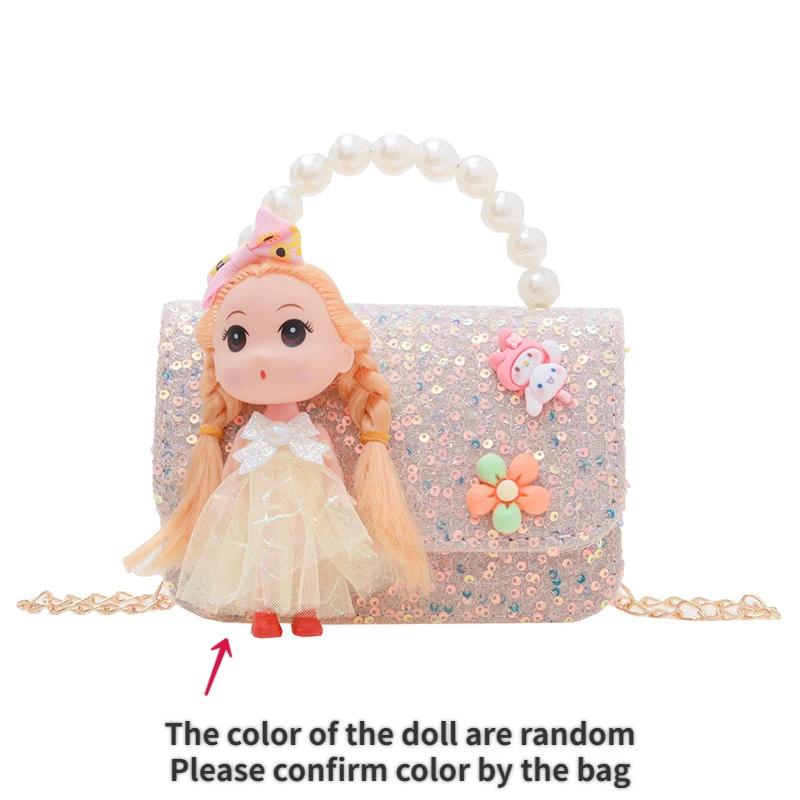 Cute Carto Doll Children's Shoulder Bags Fashi Pearl Handle Princess Girl Messenger Bag Sweet Novel Kid Change Purse Handbag