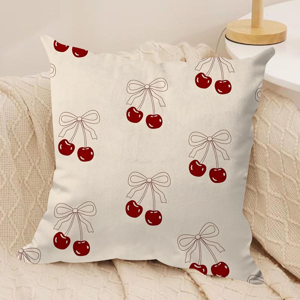 Pink Bow Cherry Cushion Cover Soft Plush Fabric Double-Sided Printed Sofa Cushion Cover for All Seasons Home Decor Gift