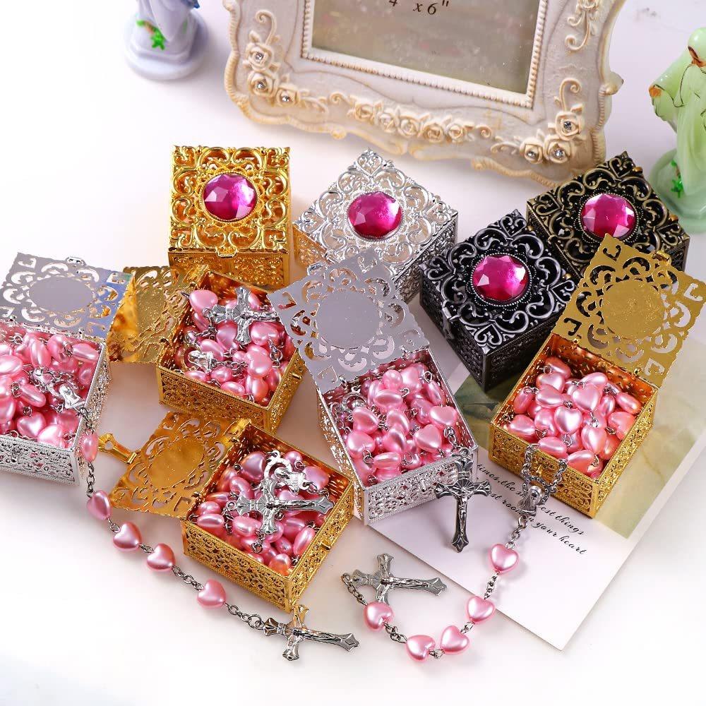 European Style Rosary Bead Box Jewelry Storage Metal Hollow Flower Pattern Necklace Earring Treasure Organizer Case Jewelry Gift