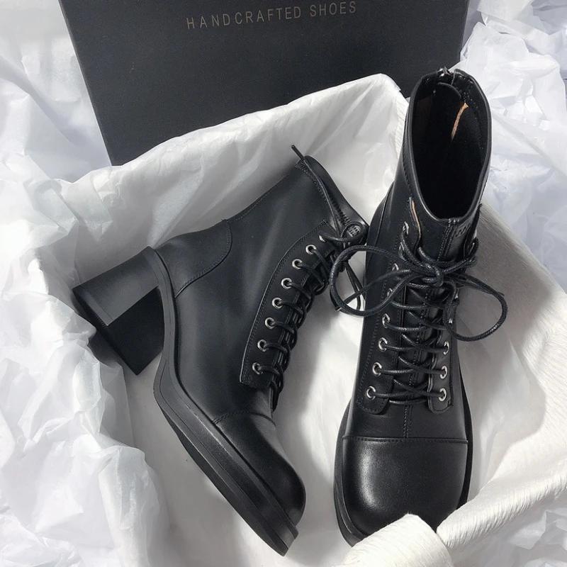 Fashion New Autumn/Winter Split Leather Women Boots Round Toe Chunky Heels Boots for Women Short Boots Zapatos Mujer Lace High Heels