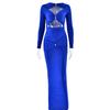 Women's Crew Neck Long Sleeve Maxi Dress Slim High Waist Sexy Solid Cutout Rhinestone Summer Dress