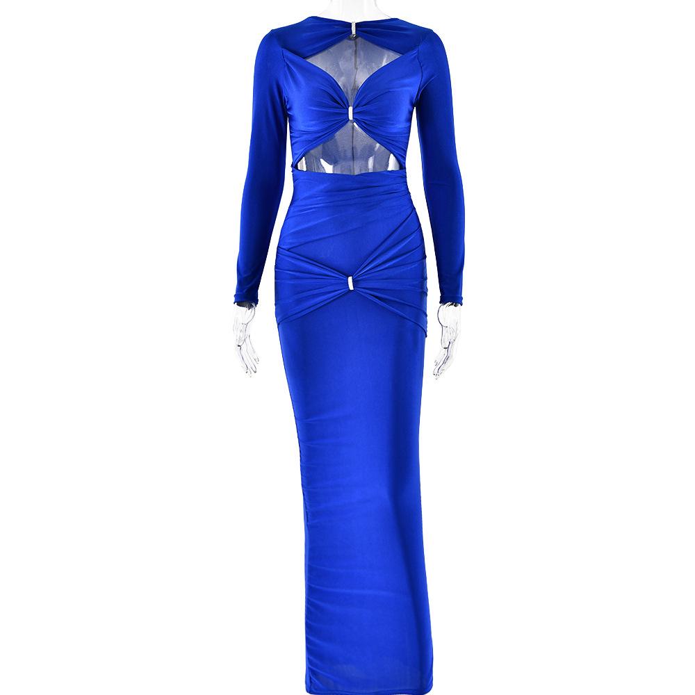 Women's Crew Neck Long Sleeve Maxi Dress Slim High Waist Sexy Solid Cutout Rhinestone Summer Dress