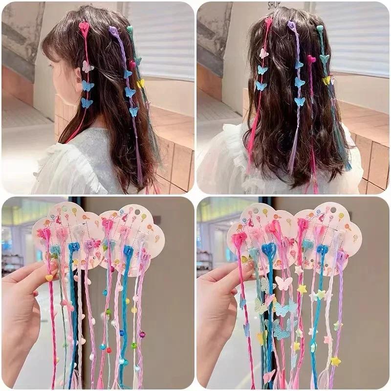 6pcs Kids Girl Candy Color Wig Braid Hair Claw Princes Cute Butterfly Bow Heart Style Hair Clip Children Haid Styling Headwear