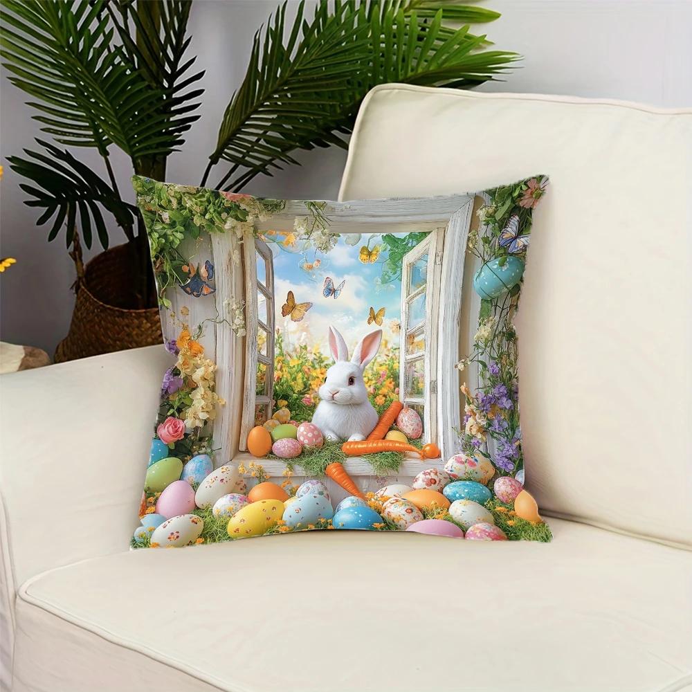 Easter Fantasy Bunny and Egg Combination Single-Sided Pillowcase Living Room Bedroom Sofa Chair Decorative Cushion Cover