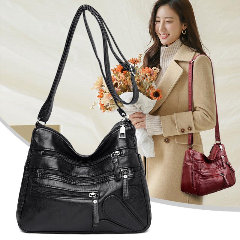 Borsa a tracolla multistrato in morbida pelle tinta unita da donna, grande capacità, borsa da viaggio multifunzionale sottobraccio