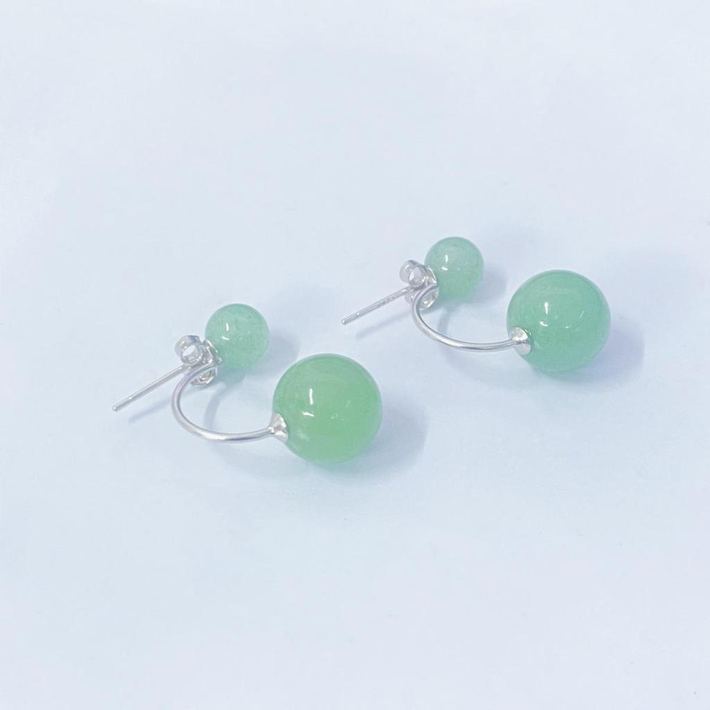 New S925 Sterling Silver Green Aventurine Double Round Bead Stud Earrings - Retro Chinese Style for Women