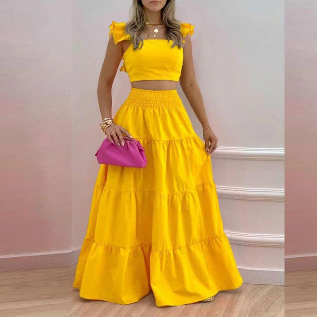 Damen Locker Sitzendes Zweiteiliges Passendes Set Ärmelloses Rüschen Crop Top Elastischer Hoher Bund Stufenrock Maxirock Anzug