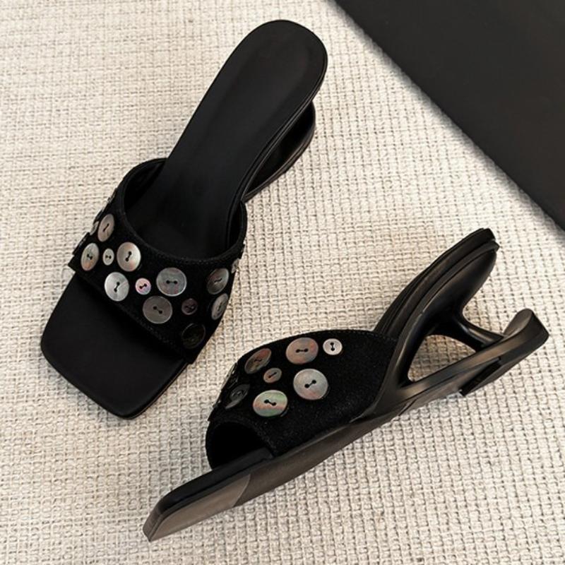 

Fashion Black Square Toe Strange Style Brand High Heel Slippers Women Fashion Button Decoration Designer Shoes Elegant Party Dress Shoes 40 чёрный