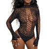 Women Lingerie See Through Fishnet 3/4 Sleeve Bodysuit Sparkling Rhinestones Cold Shoulder Leotard Tights Jumpsuit Top