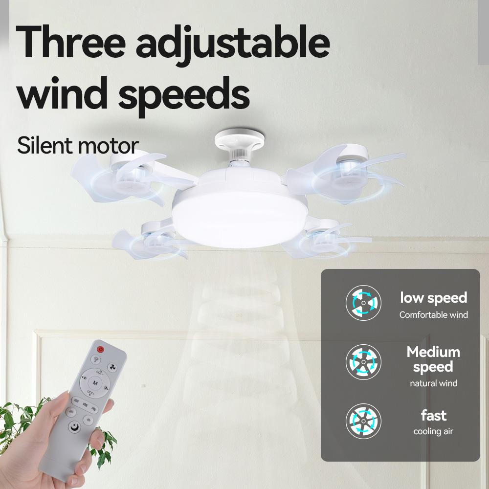 Modern E27 LED Ceiling Fan Light Remote Control Foldable Multi Head Invisible Fan Lamp 3 Speed Dimmable Low Noise Indoor