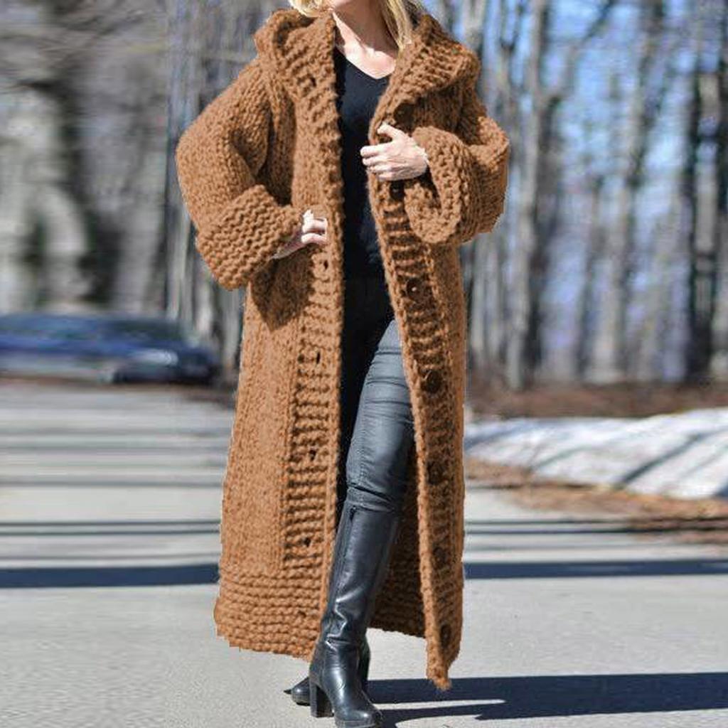 Women Casual Solid Knit Button Plus Size Long Sleeve Sweater Long Cardigan Coat