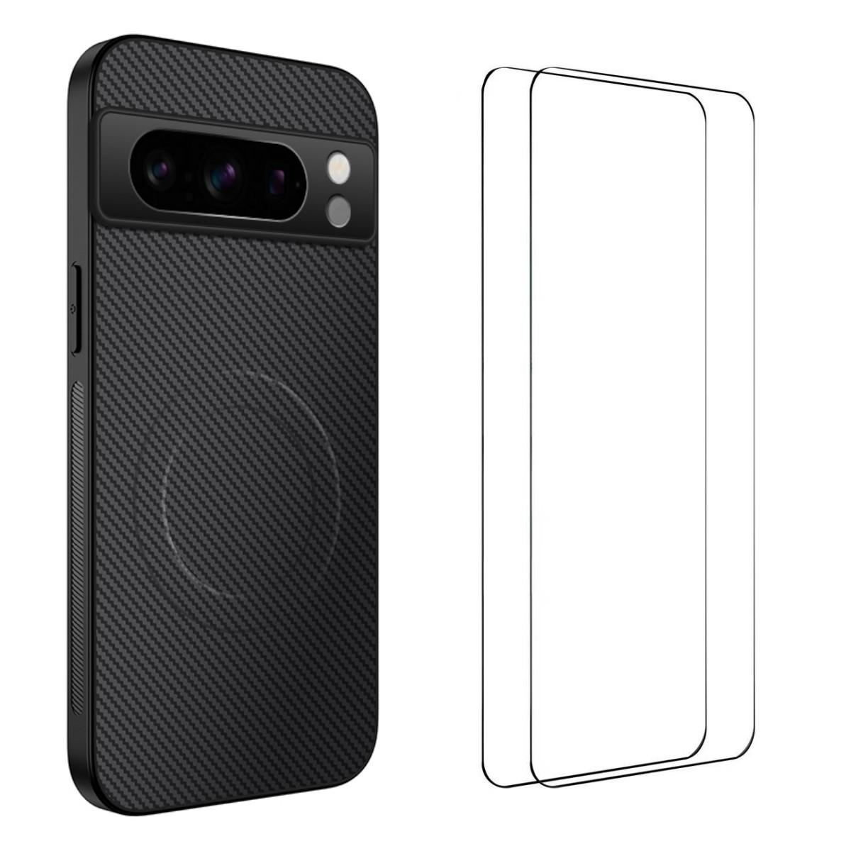 

For Google Pixel 8 Pro Magnetic Case WANLONFENG TQ1 Series Carbon Fiber Texture PC TPU Phone Cover with 2Pcs Screen Films Black