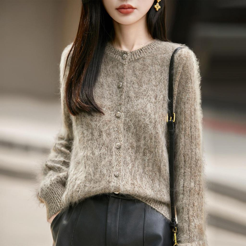 2026 Autumn/Winter Women's Cashmere Wool Cable Knit Cardigan Sweater, Round Neck, Long Sleeve, Brushed Yarn.