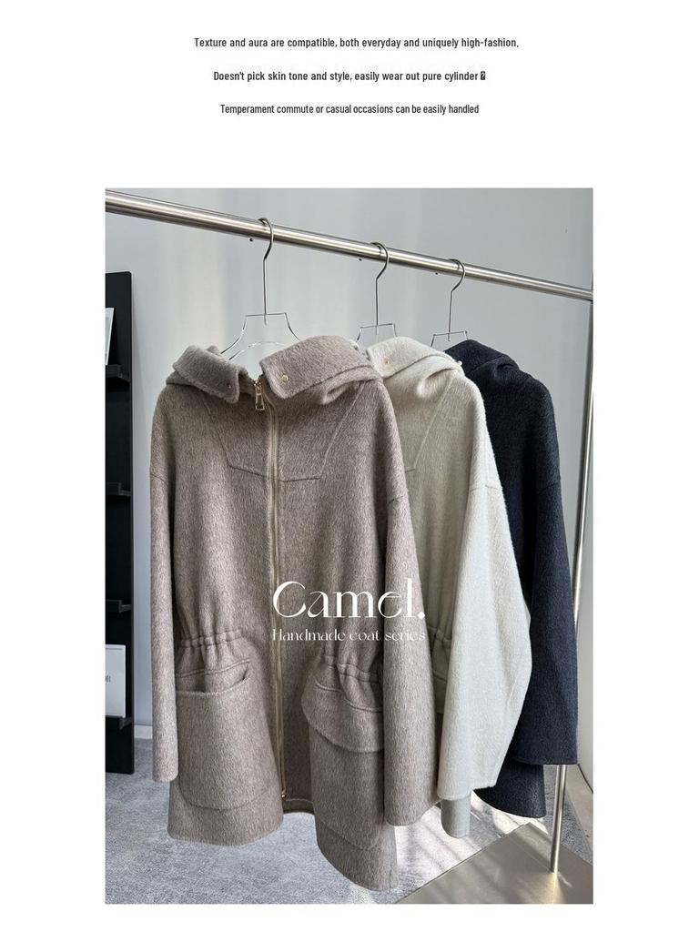 Damen Koreanischer Kaschmirmantel mit Kapuze und Reißverschluss, doppelseitig: Einfarbig, Mittellang, Vielseitig und Verdickt Lockeres Oberbekleidungsstück.