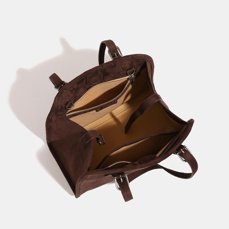 Vegetable-tanned suede bowling bag, vintage suede shoulder tote bag, large-capacity commuter handbag, crossbody bag for women
