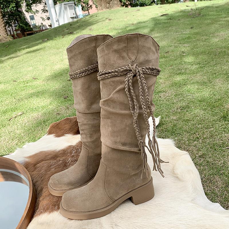 

Версия из овчины~ ботинки на толстой подошве в стиле ретро, женская мода, новые матовые ботинки с бахромой и пеньковой веревкой на толстом каблуке. 42