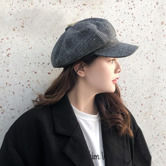 Vintage Men Women Autumn Winter Plaid Warm Beret Hat Wide Brim Octagonal Cap