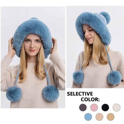 Winter Warm Knitted Hat Fu-r Women Hat With Earflap Two Balls Lady Outdoor Thicken Plush Flu-ffy Cap Russi-an Hats For Women