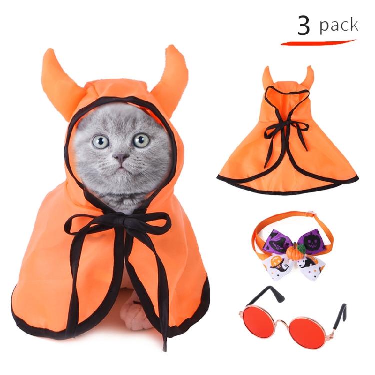 Pet Halloween Costume 3Pcs Set Adjustable Orange Cloak Cute Horns Design