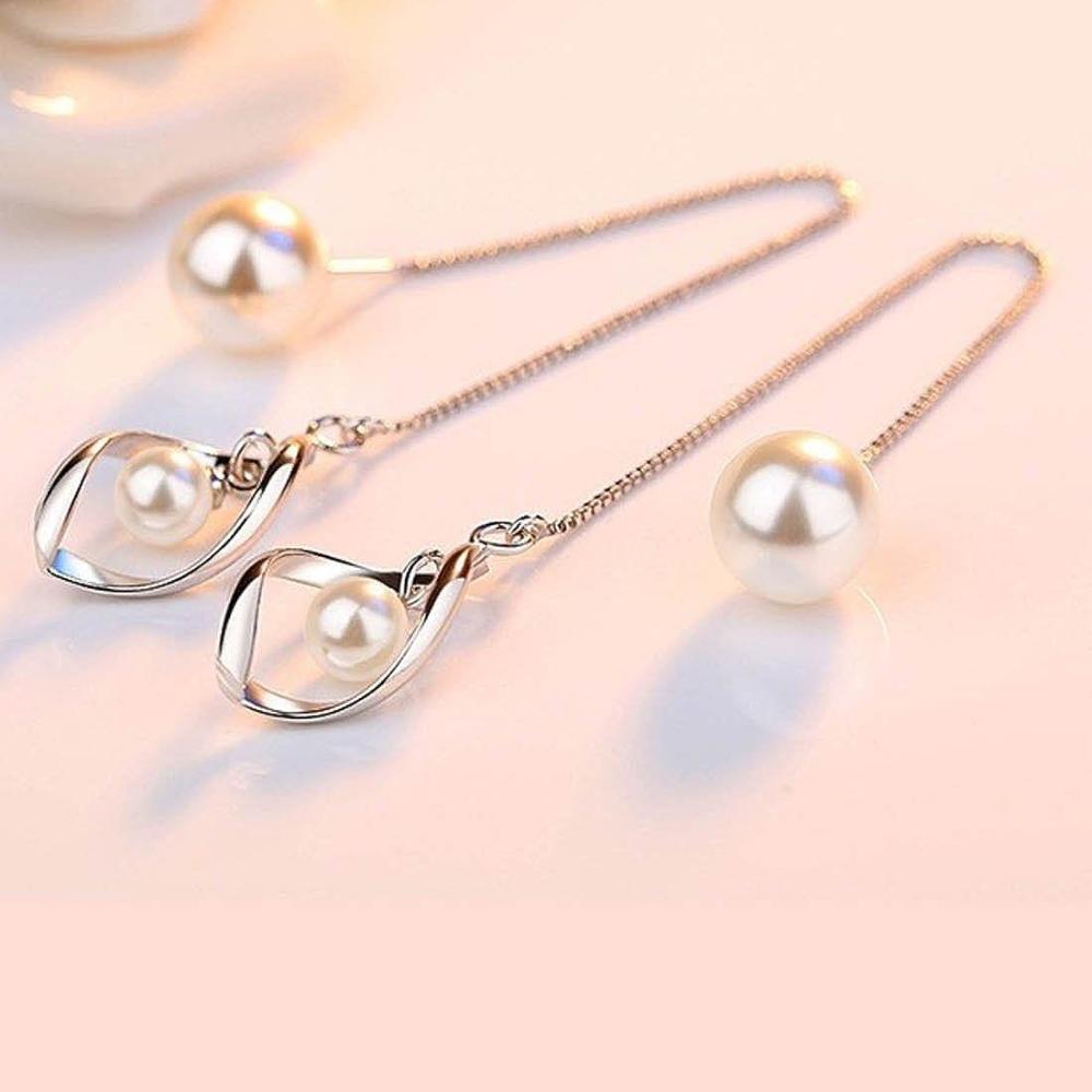 Серьги падения жемчуга серебряного цвета цепи листа имитированные длинные для женщин — фото 6