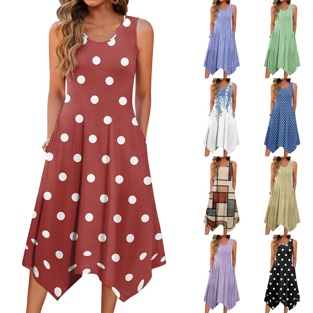Damen Freizeitkleid für den Sommer, Tankkleid, lockeres Strandkleid mit Taschen, ausgestelltes Midi-Sommerkleid