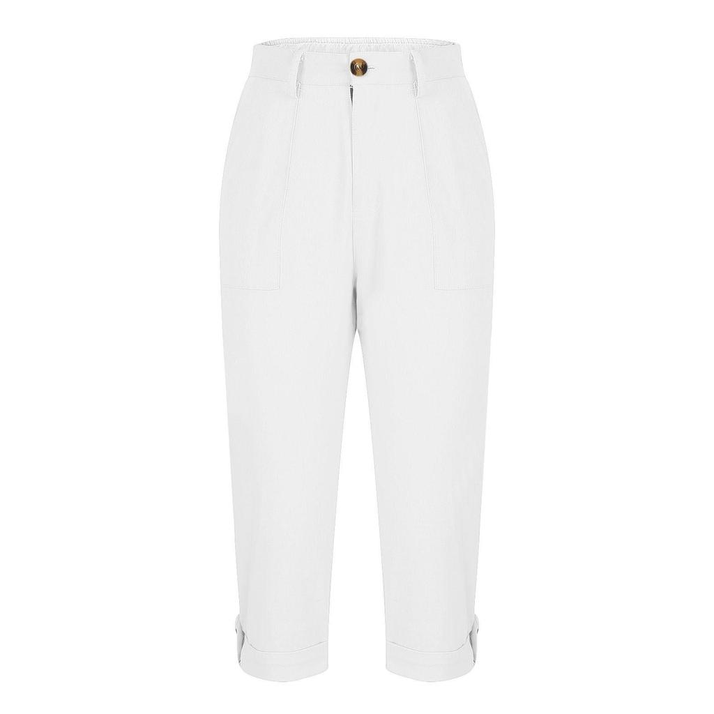 Women Casual Capri Pants High Waisted Rolled Cuff Ankle Pants Solid Color Pocket Detail Loose Fit Trousers