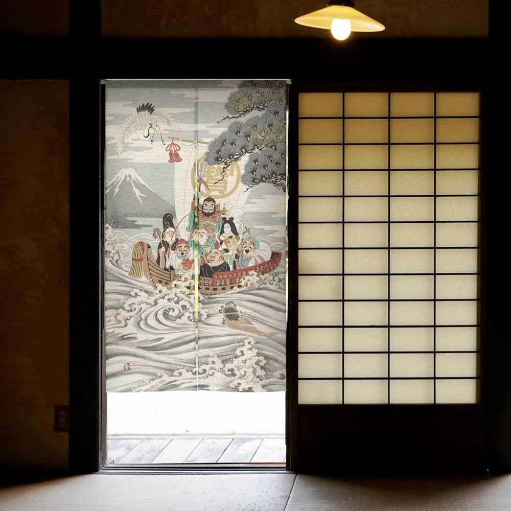 Noren Kobo Noren Traditional Auspicious 85cm Wide x 150cm and Seven Lucky Mohair 3031 Ukiyo-e Japanese-style Tapestry, Half-length Curtain, Design,