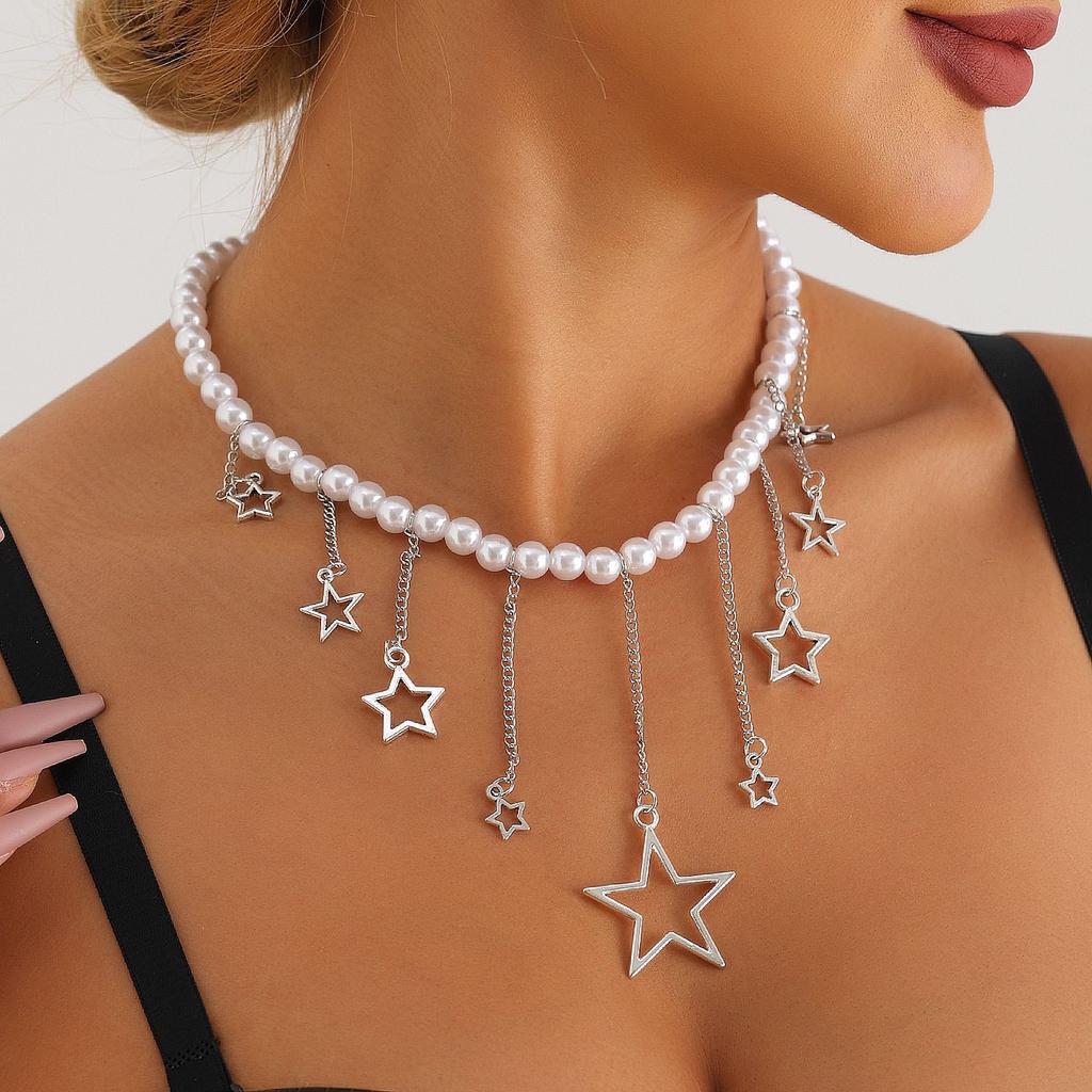 Accessories, Hollowed-Out Pentagram Fringed Design Necklace, Retro Imitation Pearl Collarbone Chain Spice Girl