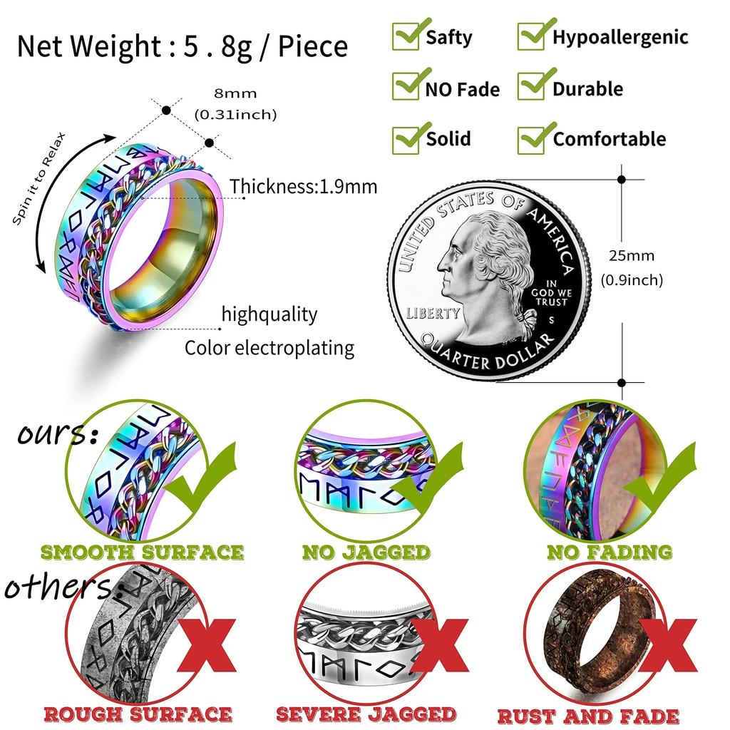 Módny prsteň proti stresu Figet Spinner Ring pre mužov Ženy Retro Nórsky prsteň Viking Runes Otočný prsteň z nehrdzavejúcej ocele