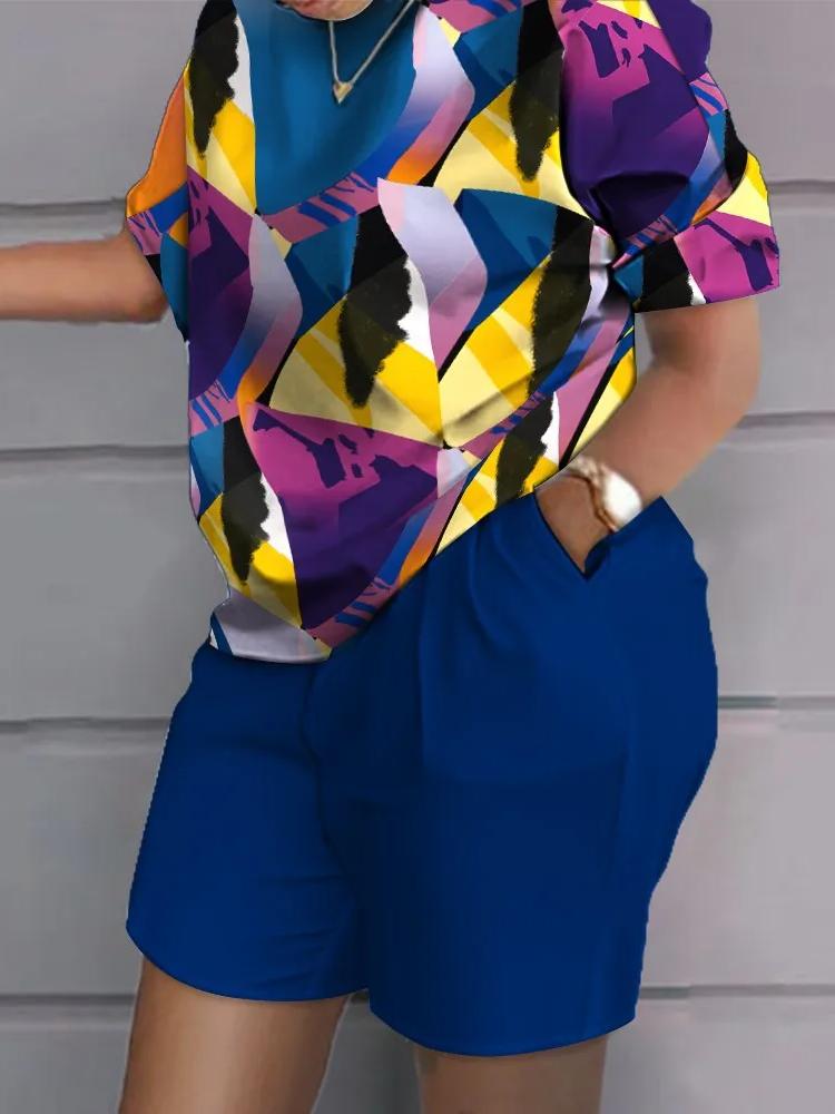 Casual Top & Shorts Set Sets Casual Short Sleeve Tshirt Outfit Women Summer Gradient 3D Print Pocket Short Sets Suit Female T Shirt Shorts