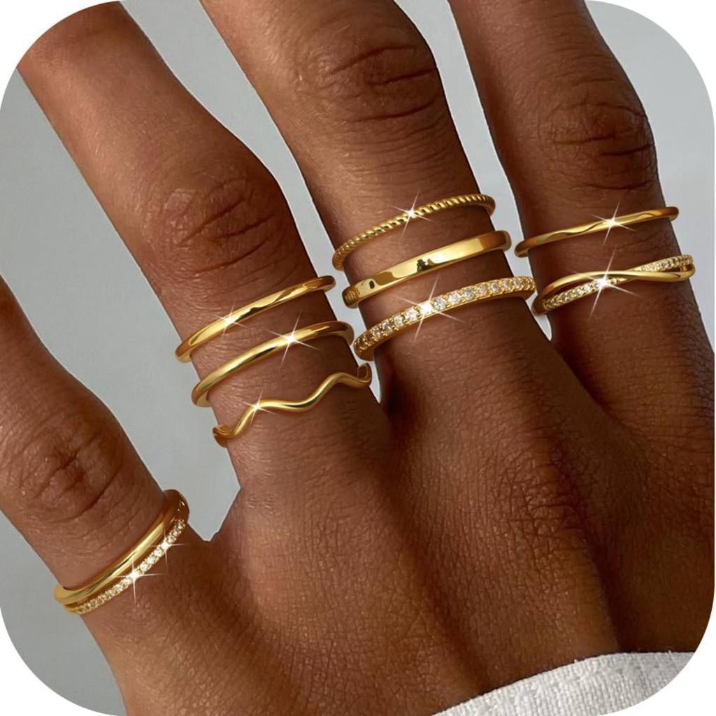Bobisty Gold-plated Stackable Rings for Women Non Tarnish Open Adjustable Ring Cubic Zirconia Dainty Promise Thin Thumb Ring Set