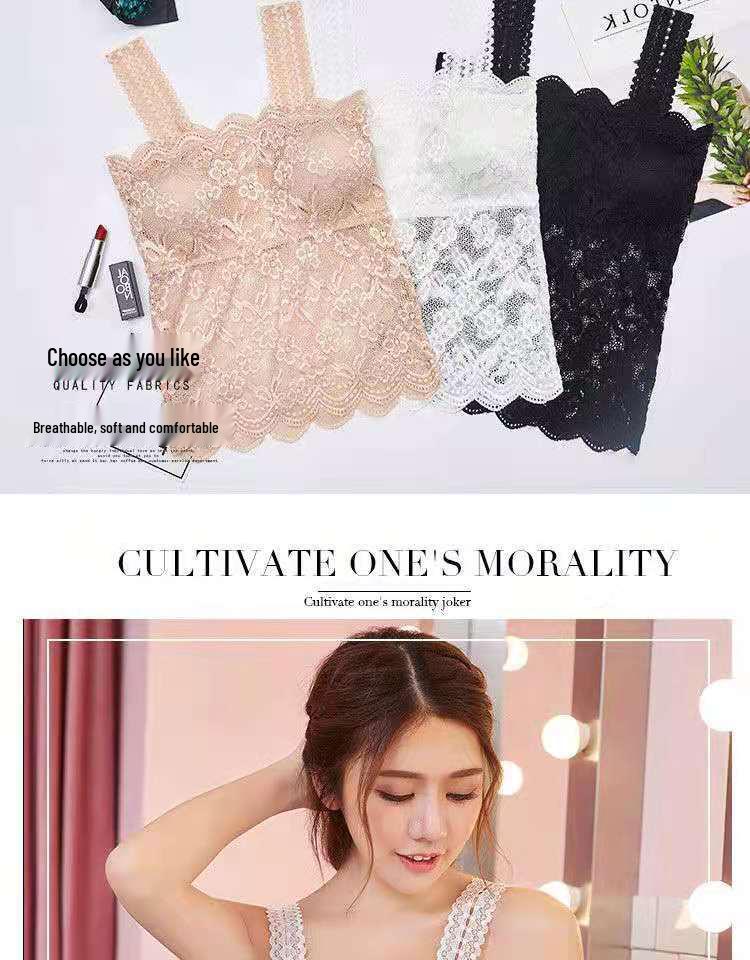 Lace Trim Underwear Camisole with Chest Pads - Women's Versatile Anti-Exposure Long Bra