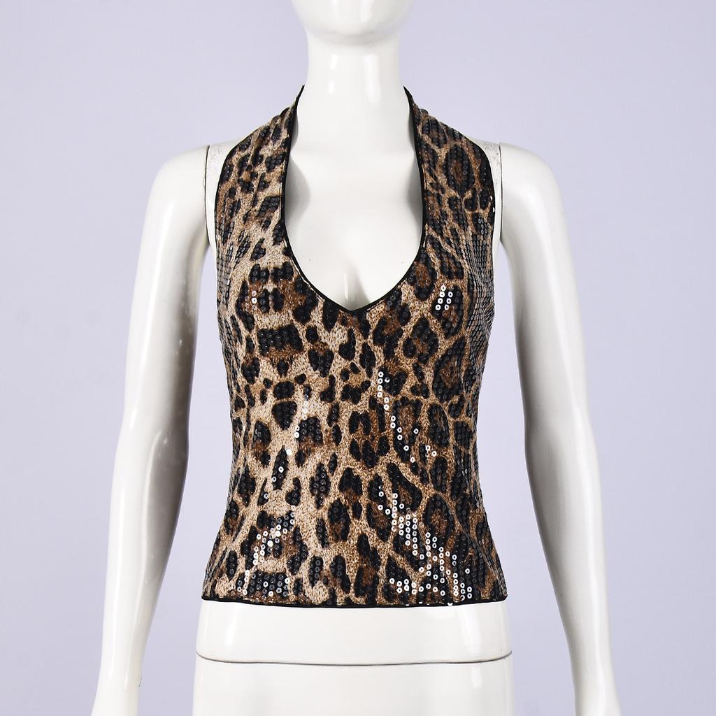 European and American Women's Clothing New Leopard Print Beads High Waist Small Vest Neck Wrap Chest Sexy Fashion Small Top