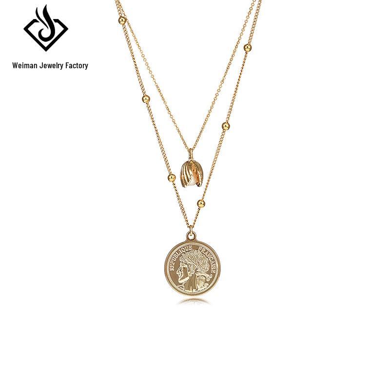 Exquisite Double-Layered Gold Coin Pendant Necklace for Women – High-Design, Multi-Layer Clavicle Choker with Light Luxury Style