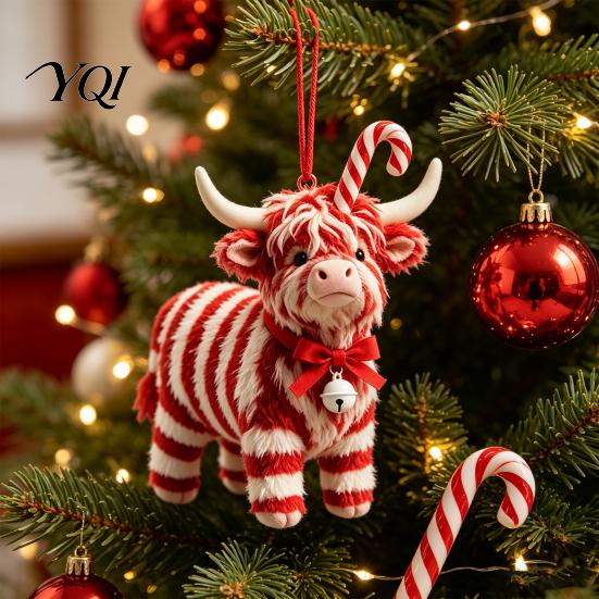 Cute Animal Pendant for Holiday Party Highland Yak Ornament Christmas Tree Hanging Decor, 2D Flat Acrylic Ornaments with Gold String Festive
