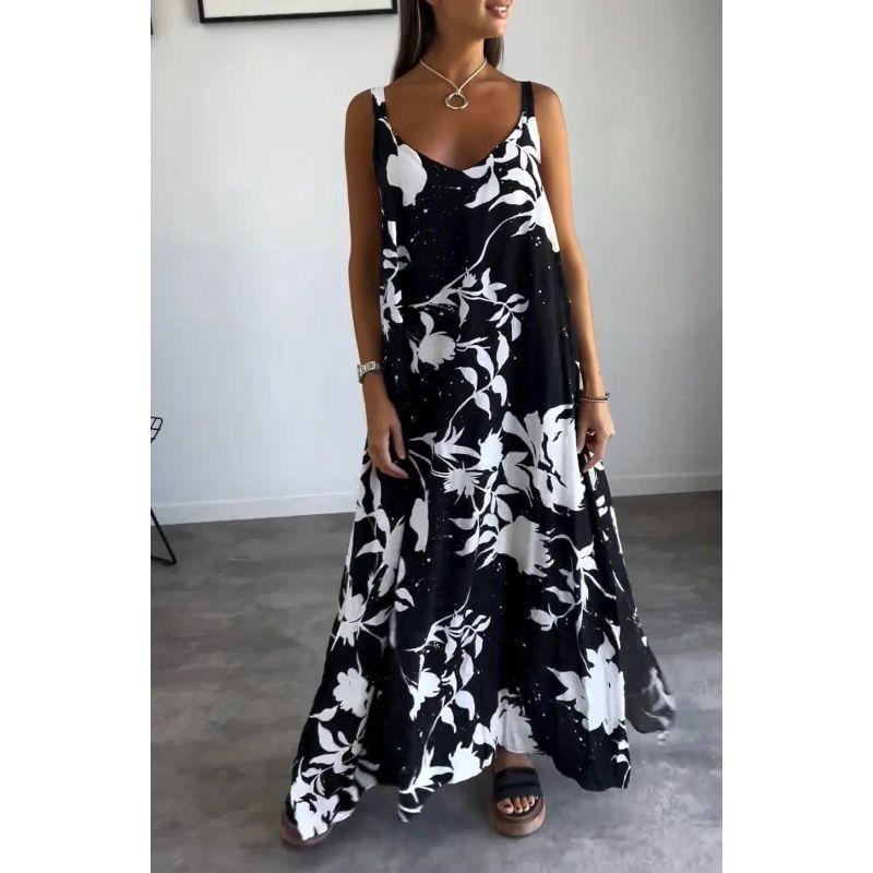 

2025 Summer European and American Women clothes New Vacation Long dress Print Sling Backless V-neck Dress Black 2XL