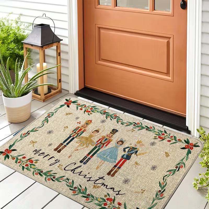 2D Flat Christmas Element Pattern Doormat, Flannel Washable Comfortable Mat, Suitable for Bathroom Decor, Bedroom Decor Mats