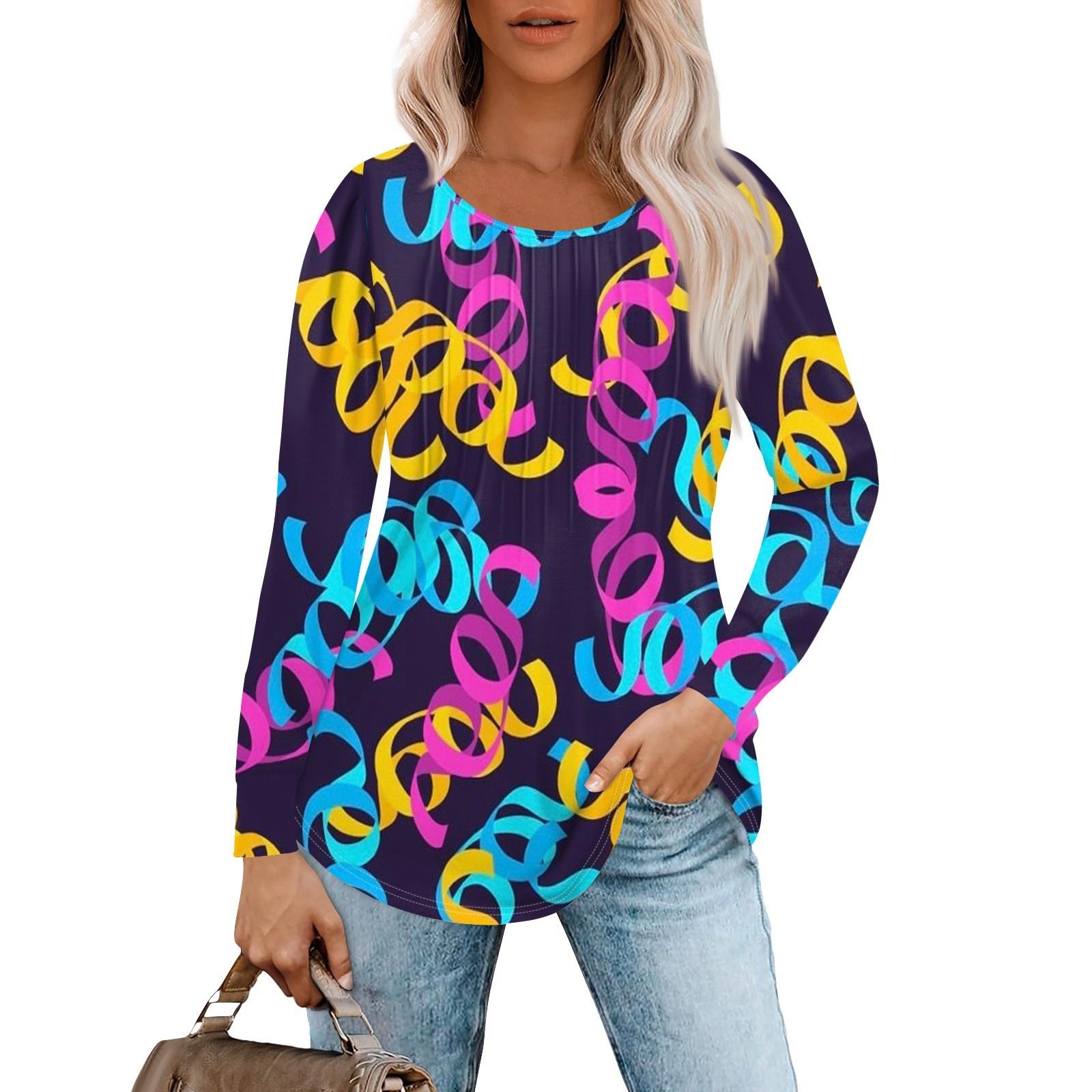

Женская повседневная футболка с круглым вырезом и длинными рукавами, с принтом «Карнавал», плиссированная футболка XXL