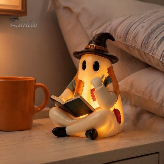 Regali Autunnali Unici Statuetta Fantasma Patchwork Vintage, Statua Carina da Lettura Illuminata a LED, Statua di Halloween Decorazione Spettrale in Resina per Tavolino Scaffale