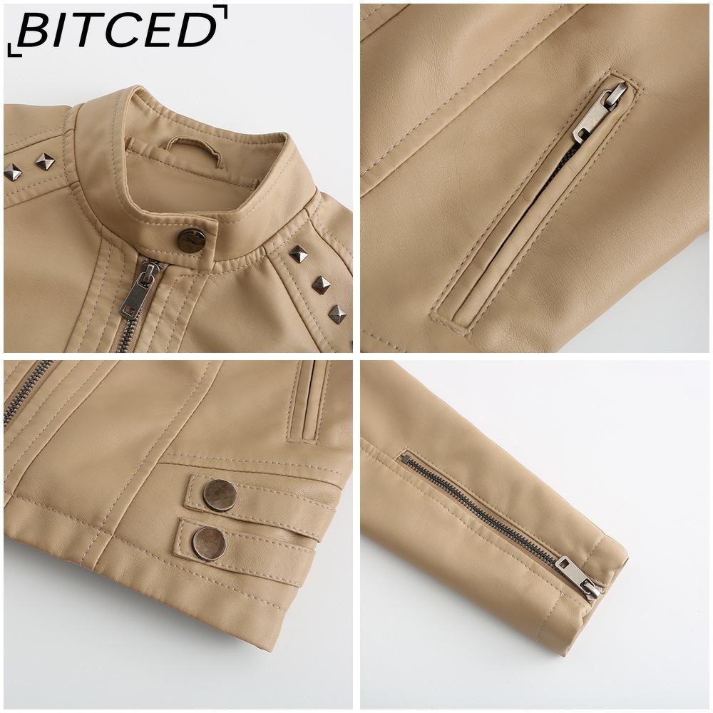 BITCED Women's Studded Leather Jacket Spring/Autumn Long-Sleeved Stand-Collar Fashion Jacket