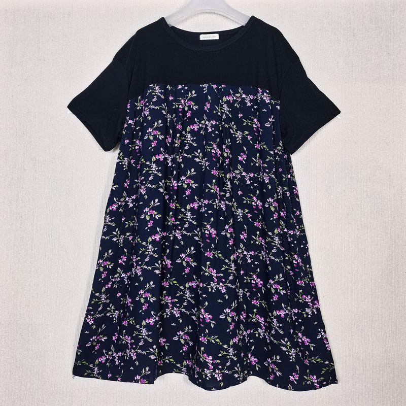 Export Original Order Leftover Stock Tencel Rayon Printed Stitching Short Sleeves Dress Female Loose Plus Size Mid Length Long Length Tops Summer