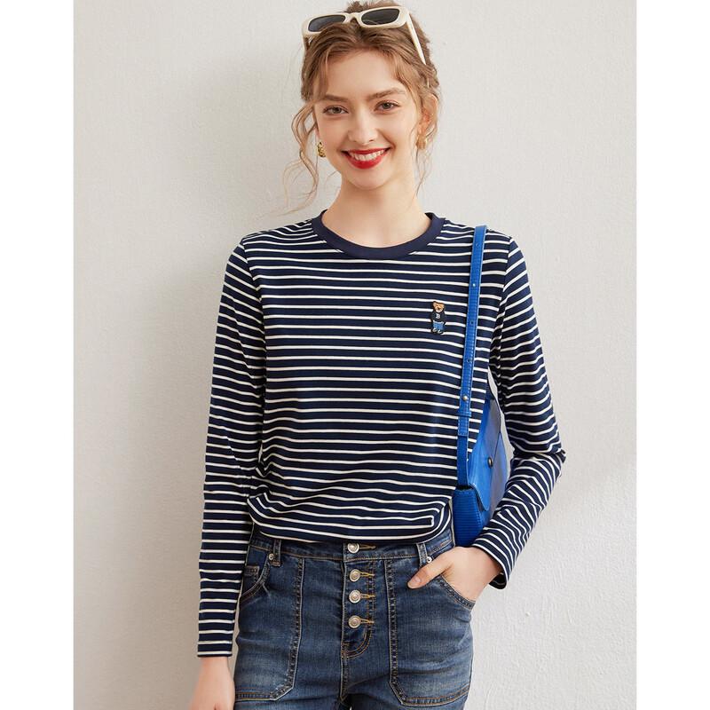 Bailuyu Striped Long Sleeve T-shirt with Bear Embroidery L